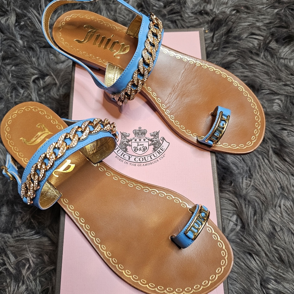Vintage Leather Juicy Couture Getaway Turq. Nappa Pave Gold Chain Sandals 8.5